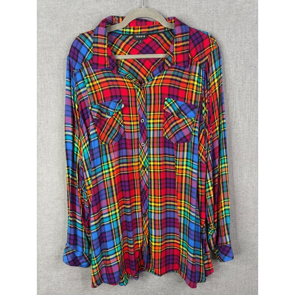 Torrid Top Women 3X 3 Multi Colored Plaid Button Up Rainbow Colorful Grunge Boho